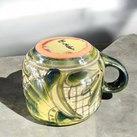 Vintage Mexico Pottery Talavera Large Oversize Coffee Mug Cup Green Glazed VTG - Picture 2 of 15
